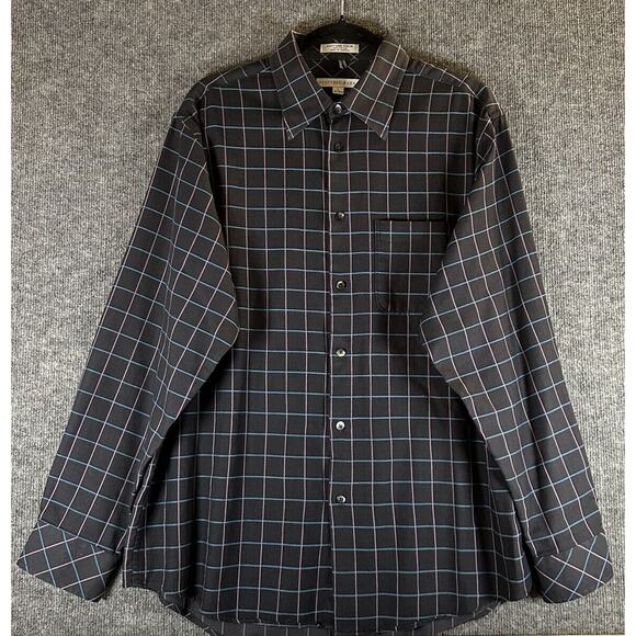 Geoffrey Beene Dark Navy Plaid Men Button Poplin Size Large 100% Cotton - Picture 1 of 3